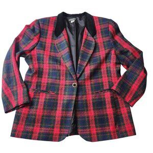 Vintage Holiday Red Plaid Single Button Blazer Jacket Velvet Collar Size XL